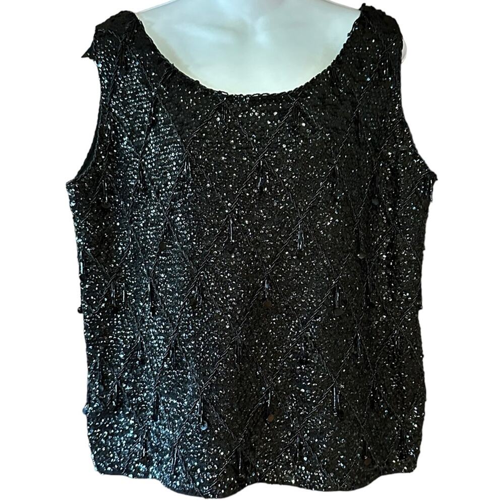 Yam Fashions Women's Large Lambswool Black Sequin Zip Back Tank Sweater